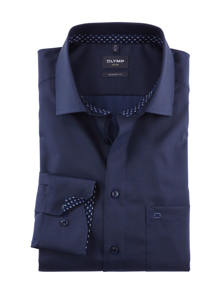 Olymp Hemd MODERN FIT UNI POPELINE dunkelblau mit Global Kent Kragen in moderner Schnittform