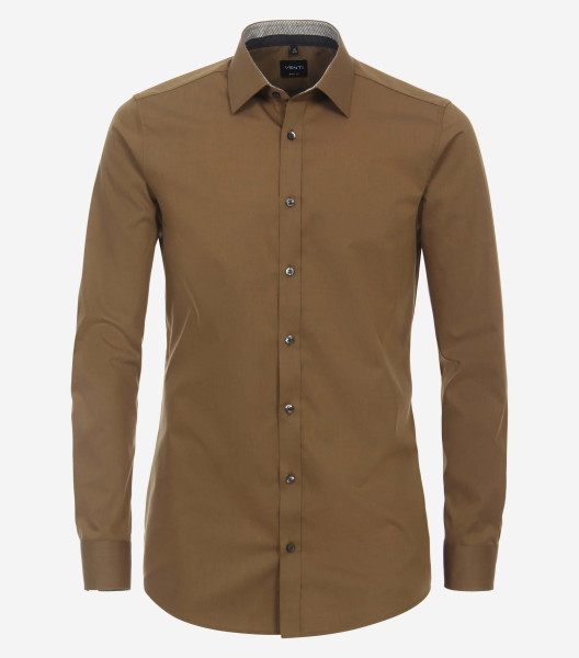 Venti Hemd BODY FIT UNI POPELINE beige mit Kent Kragen in schmaler Schnittform
