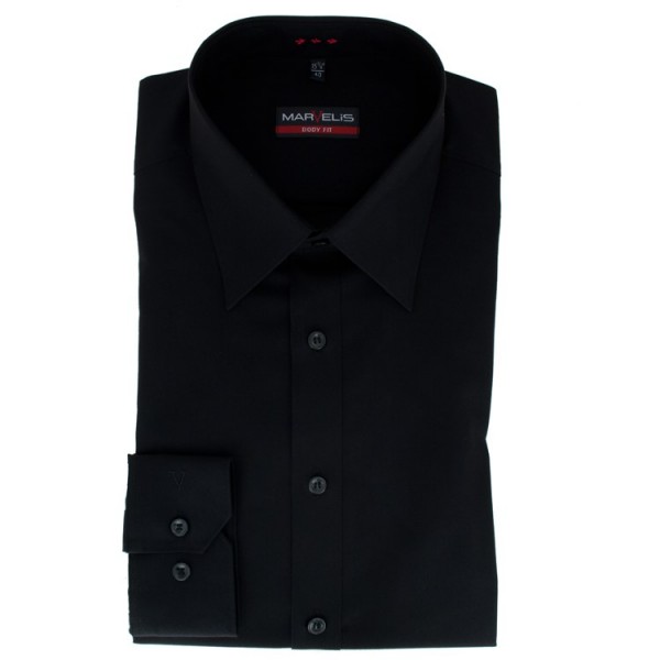 Marvelis BODY FIT Hemd UNI POPELINE schwarz mit New York Kent Kragen in schmaler Schnittform