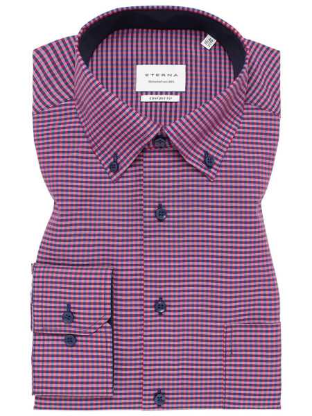 Camicia Eterna COMFORT FIT VICHY POPELINE rosso con Button Down collar in taglio classico