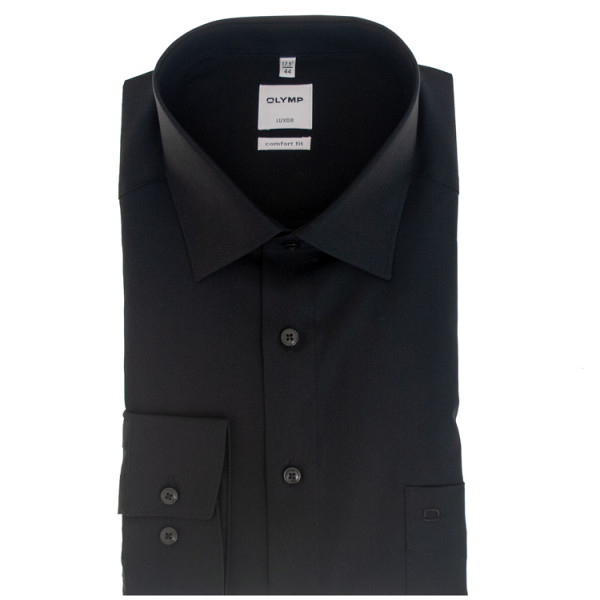 OLYMP Luxor comfort fit Hemd UNI POPELINE schwarz mit New Kent Kragen in klassischer Schnittform