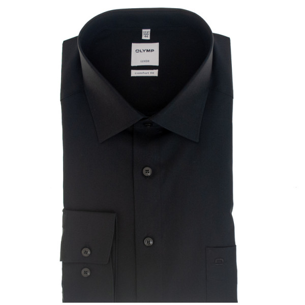 Camisa OLYMP Luxor comfort fit UNI POPELINE negro con cuello Nuevo Kent de corte clásico