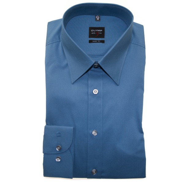 Camisa OLYMP Level Five body fit UNI POPELINE azul medio con cuello New York Kent de corte estrecho