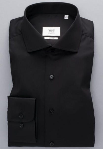 Chemise Eterna SLIM FIT TWILL noir avec col Italien en coupe étroite