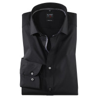 OLYMP Level Five body fit overhemd UNI POPELINE zwart met Royal Kentkraag in smalle snit