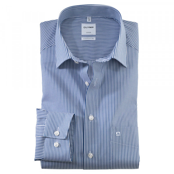 Camisa OLYMP Luxor comfort fit TWILL RAYAS azul oscuro con cuello Nuevo Kent de corte clásico