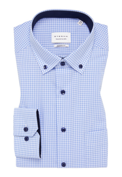 Eterna shirt MODERN FIT VICHY POPELINE light blue with Button Down collar in modern cut