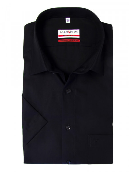 Chemise Marvelis MODERN FIT UNI POPELINE noir avec col Nouveau Kent en coupe moderne