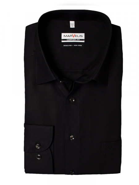 Camisa Marvelis COMFORT FIT UNI POPELINE negro con cuello Nuevo Kent de corte clásico