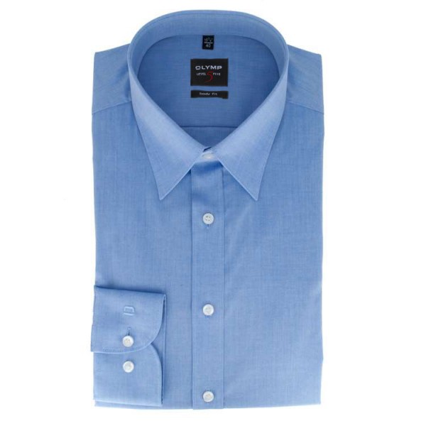 Camicia OLYMP Level Five body fit CHAMBRAY blu medio con New York Kent collar in taglio stretto