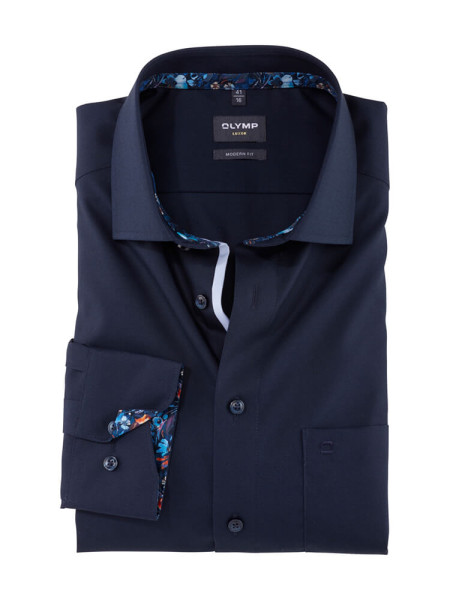 Olymp overhemd MODERN FIT UNI POPELINE donkerblauw met Global Kent-kraag in moderne snit