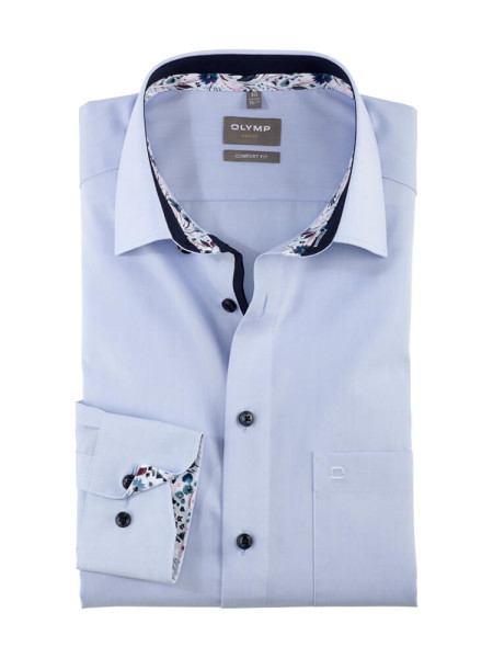 Olymp overhemd COMFORT FIT UNI POPELINE lichtblauw met Global Kent-kraag in klassieke snit