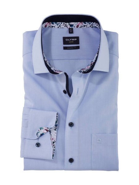 Olymp overhemd MODERN FIT UNI POPELINE lichtblauw met Global Kent-kraag in moderne snit