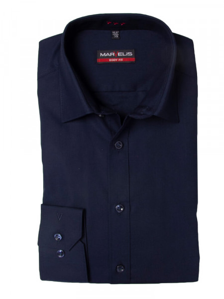 Camisa Marvelis BODY FIT UNI POPELINE azul oscuro con cuello New York Kent de corte estrecho