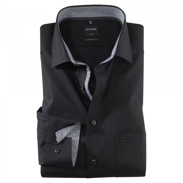 Camicia OLYMP Luxor modern fit UNI POPELINE nero con Global Kent collar in taglio moderno