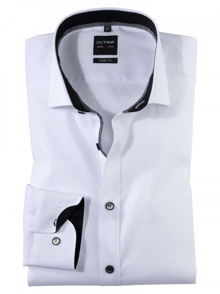 Camisa OLYMP Level Five body fit UNI POPELINE blanco con cuello Royal Kent de corte estrecho