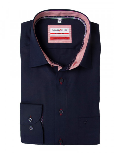 Marvelis Hemd MODERN FIT UNI POPELINE dunkelblau mit New Kent Kragen in moderner Schnittform