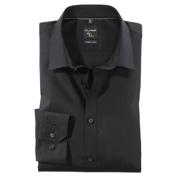 OLYMP No. Six super slim overhemd UNI POPELINE zwart met Urban Kentkraag in super smalle snit
