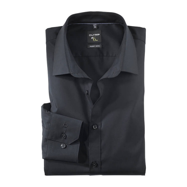 OLYMP No. Six super slim overhemd UNI POPELINE zwart met Urban Kentkraag in super smalle snit