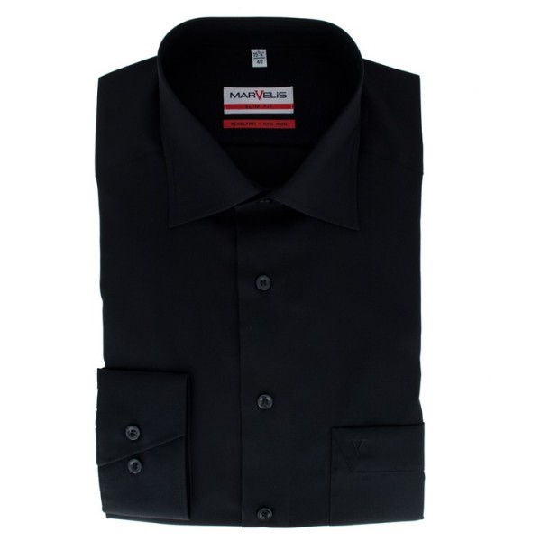 Marvelis MODERN FIT Hemd UNI POPELINE schwarz mit New Kent Kragen in moderner Schnittform