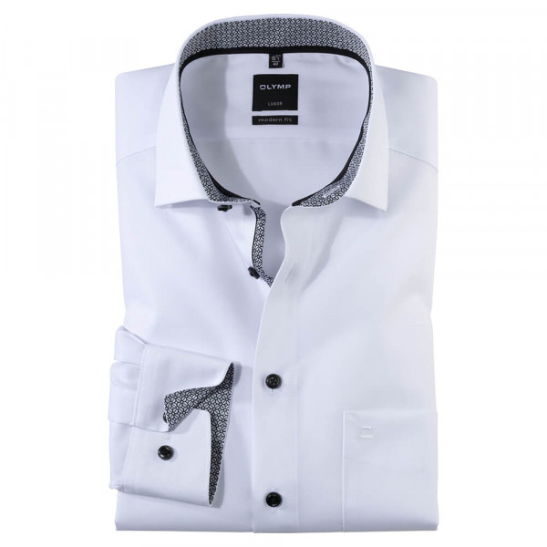 Camisa OLYMP Luxor modern fit UNI POPELINE blanco con cuello Global Kent de corte moderno