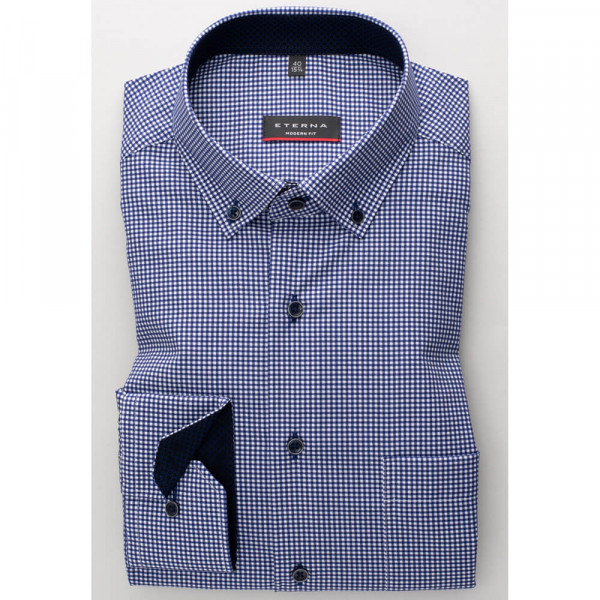 Eterna Hemd MODERN FIT TWILL KARO mittelblau mit Button Down Kragen in moderner Schnittform