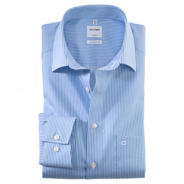 Camisa OLYMP Luxor comfort fit TWILL RAYAS azul claro con cuello Nuevo Kent de corte clásico