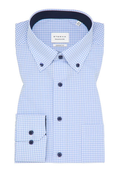Eterna shirt MODERN FIT VICHY POPELINE light blue with Button Down collar in modern cut