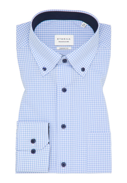 Eterna Hemd COMFORT FIT VICHY POPELINE hellblau mit Button Down Kragen in moderner Schnittform