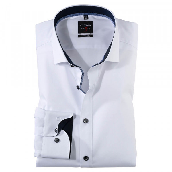 Camisa OLYMP Level Five body fit UNI POPELINE blanco con cuello Royal Kent de corte estrecho